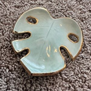Handmade Ceramic Monstera Leaf Trinket Dish Mint Green Gold Trim